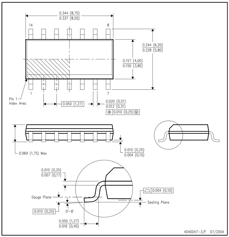 Kích thước IC 74HC08A (mm)