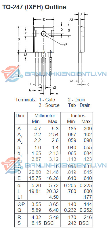 Kích thước Mosfet IXFH44N50P_