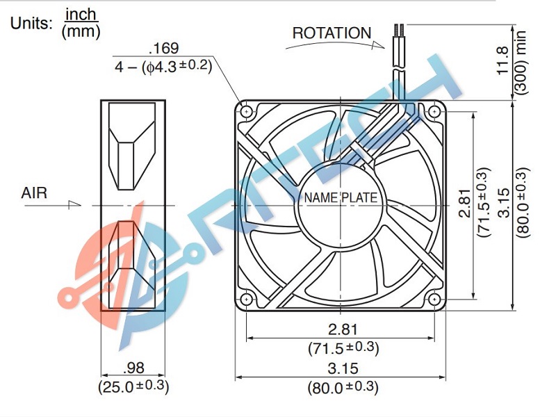 Kích thước quạt 80x80x25mm