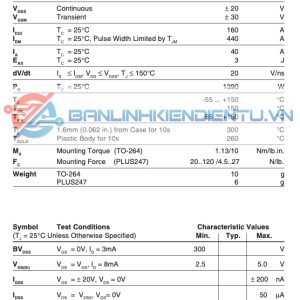 Thông số kỹ thuật IXFK160N30T