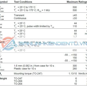 Thông số kỹ thuật Mosfet IXFH44N50P_