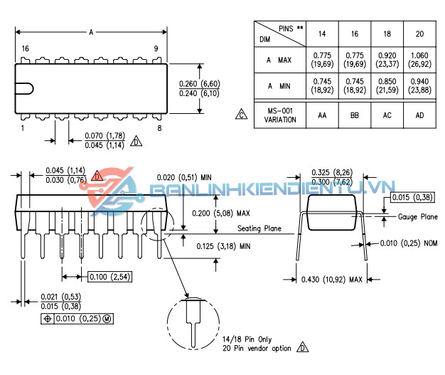 Kích thước SN74LS169N (mm)
